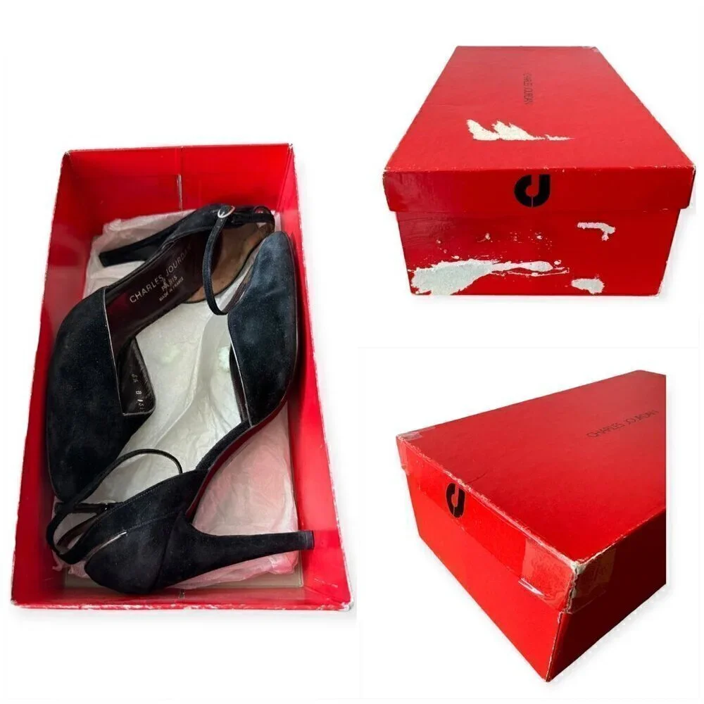 Vintage Charles Jourdan Black Suede Ankle Strap Pumps,  Size 8 1/2